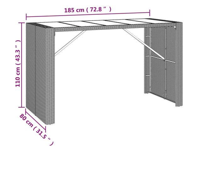 Masă grădină cu blat din sticlă, maro, 185x80x110 cm, poliratan
