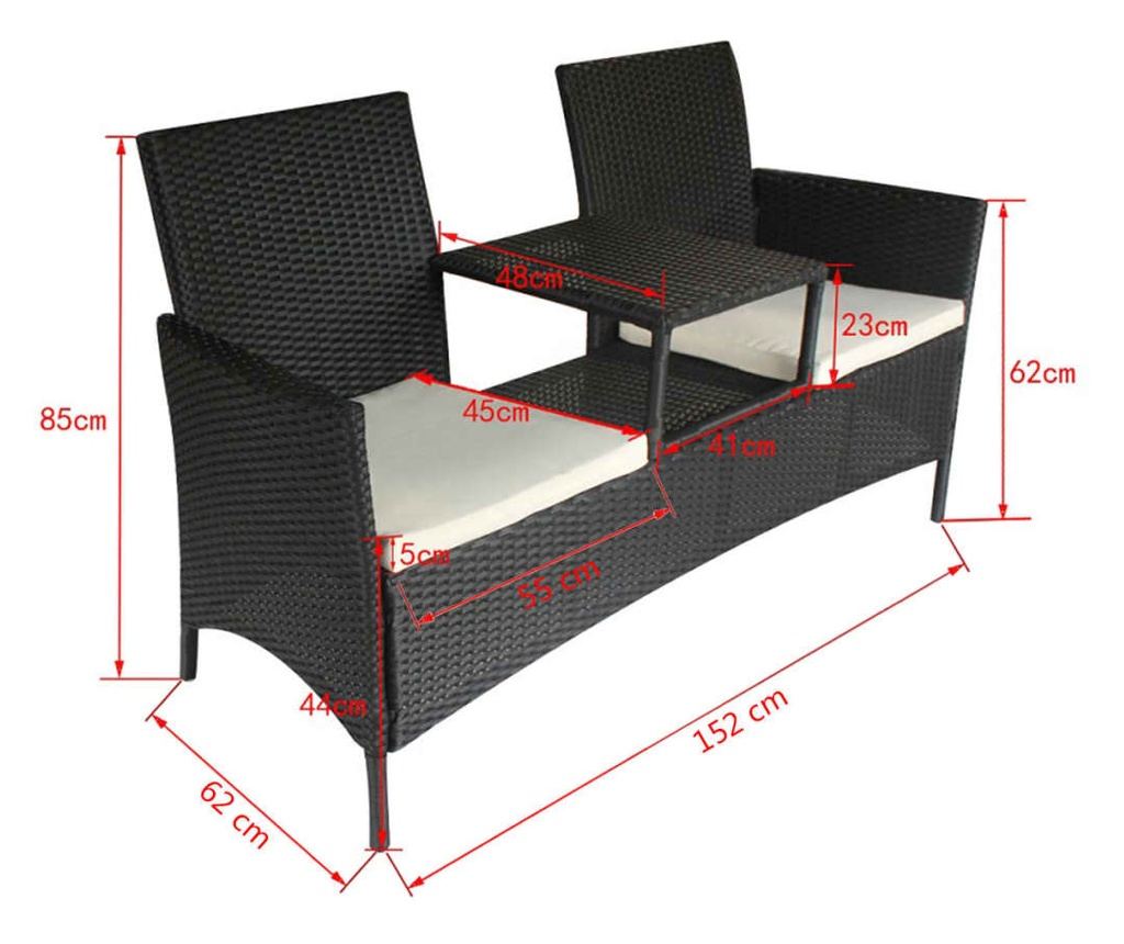 Vrtna garnitura s 2 sjedala, stolić za čaj, crni poliratan - 5