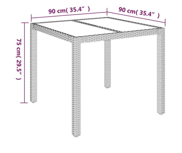 Masă de grădină cu blat din sticlă, gri, 90x90x75 cm, poliratan