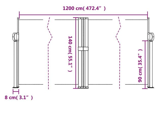 fekete behúzható oldalsó napellenző 140 x 1200 cm