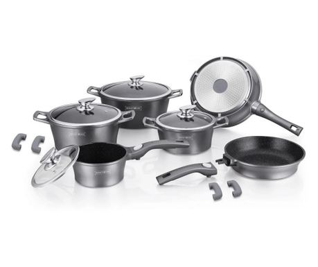 Royalty Line RL-ES2014M Σετ κατσαρόλας και τηγανιού, 14 τεμάχια, μαρμάρινο φινίρισμα, επαγωγικό, γκρι