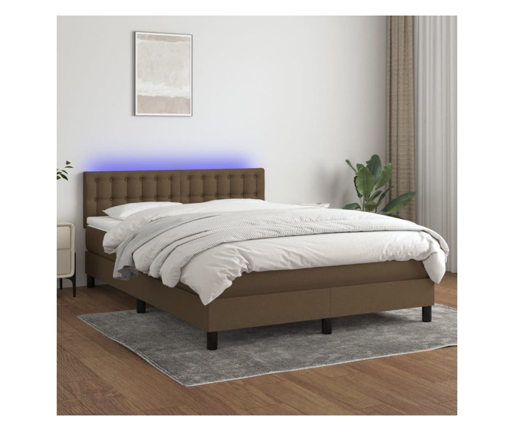 Postelja z vzmetmi, vzmetnico in LED, temno rjava, 140x190 cm, tekstil