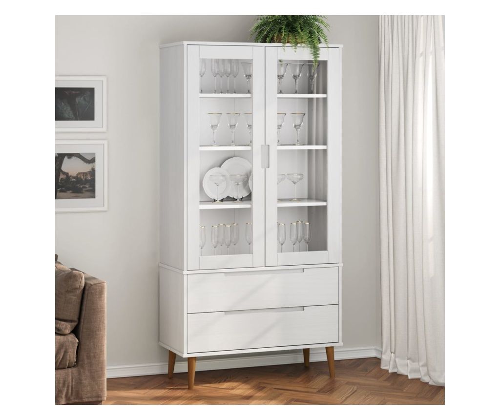 Vitrina, bela, 90x35x175 cm, masivni borov les