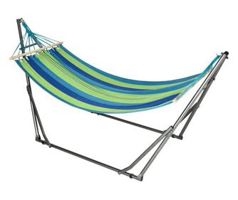 Hamac bumbac cu suport otel, geanta, albastru si verde, dungi, 188x62 cm