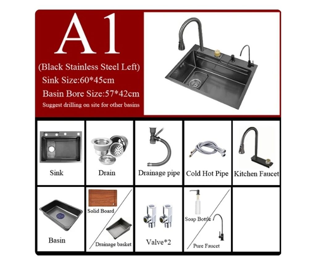 Večnamenski kuhinjski set z armaturo z slapom - črna/antracitno siva