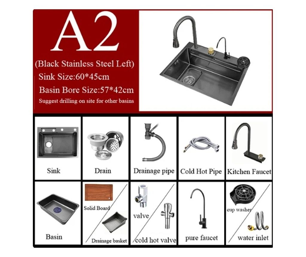 Multifunkcionalni set kuhinjskega korita z armaturo s slapom - Črna/Antracitno siva