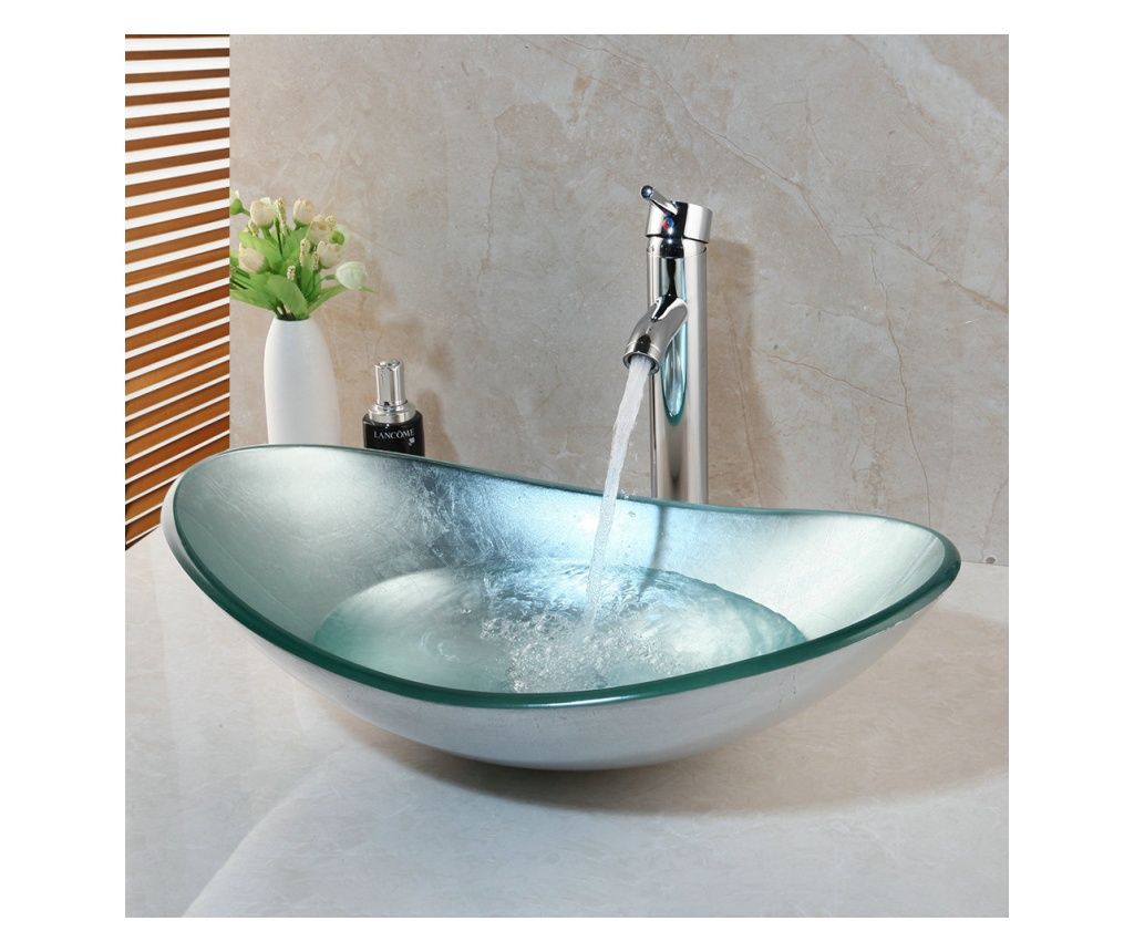 Komplet kopalniškega umivalnika in pipe, Blackswan, Tip M1, Ovalen - Zelenkasto/Srebrn, 56 cm