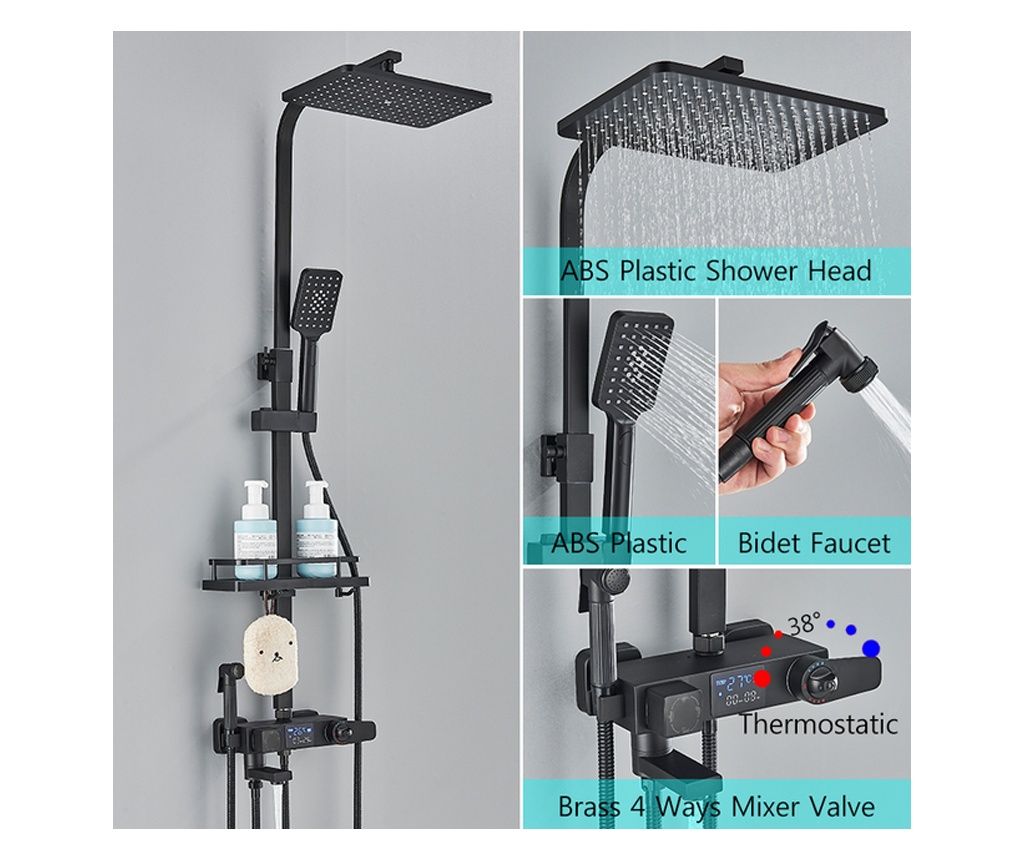 Blackswan Shower Column Type M116 - Black with Thermostat, Digital Display, Spout & Bidet Shower (116cm)