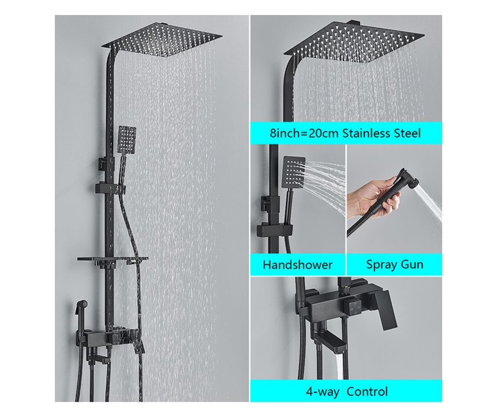 Shower Column, Blackswan, Type M124, Adjustable Matte Black with Movable Spout, Pressure Shower, and Shelf, 20 cm