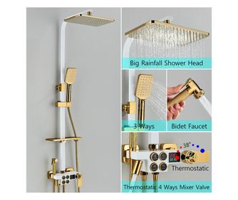 Blackswan tuš kolona, model M141, nastavljiva bela/zlata, termostatska, vrtljiva pipa, visokotlačni tuš z digitalnim zaslonom