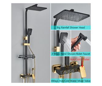 Tuš kolumna, Blackswan, Tip M144, Nastavljiv Črno/Zlat Model, z Mobilnim Izlivom, Tuš z Visokim Pritiskom in Polico, Velikost 11