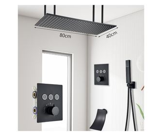 Set za tuširanje, Blackswan, Tip M159, Mat crna, Termostat s 3 izlaza, Izljev za vodopad, Stropna montaža, 80 cm