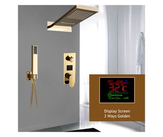 Komplet za prho, Blackswan, Tip M198, Sijajno zlata, 3-smerni, Zaslon & 2-načinska glava prhe, 55 cm