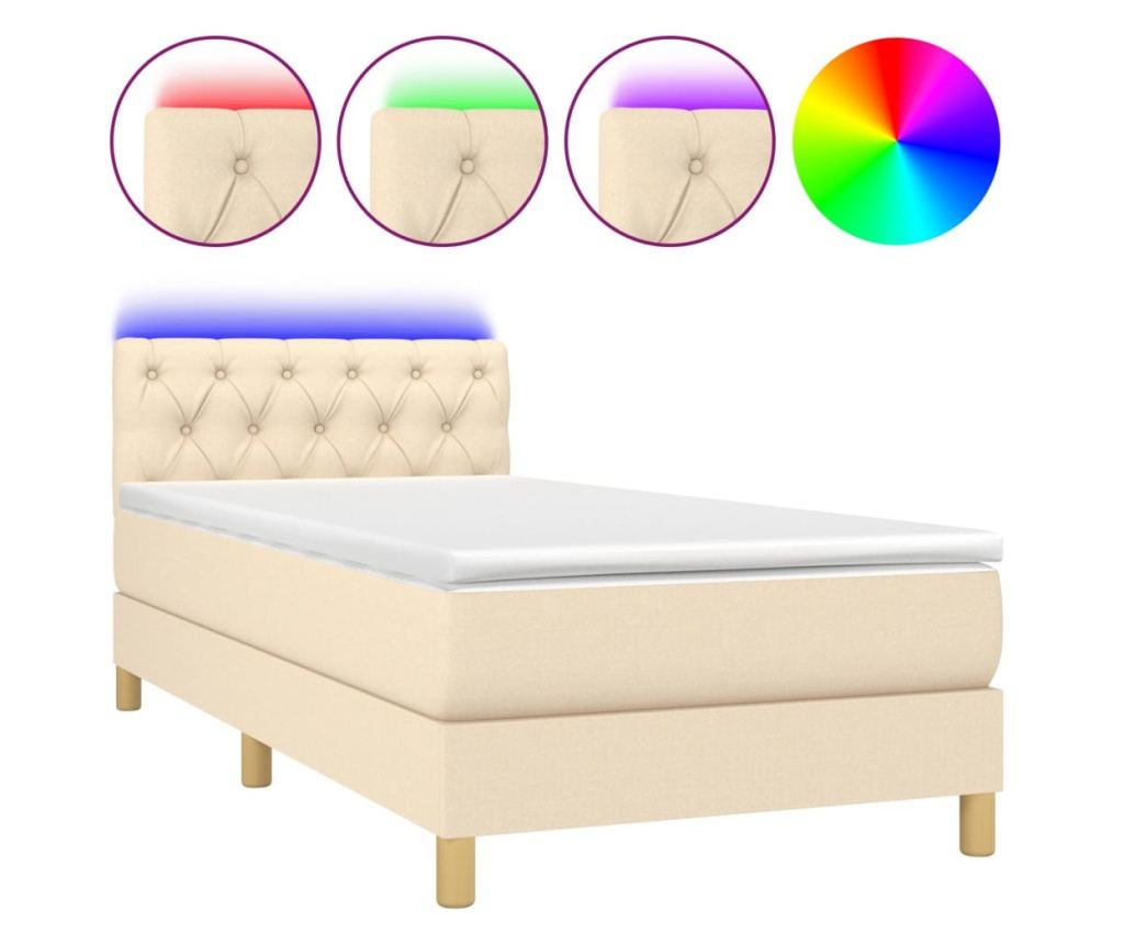 Ágy rugós matraccal és LED-del, krémszínű, 80x200 cm, textil - 2
