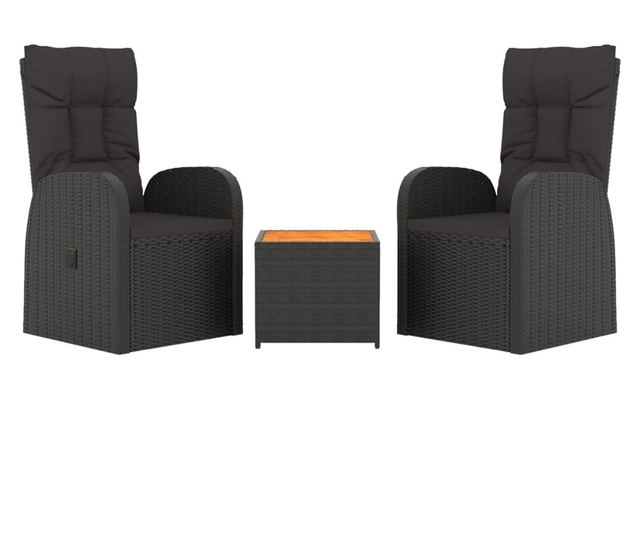 Градински шезлонг, 3 части, Черен, Полиратан и Акациево дърво