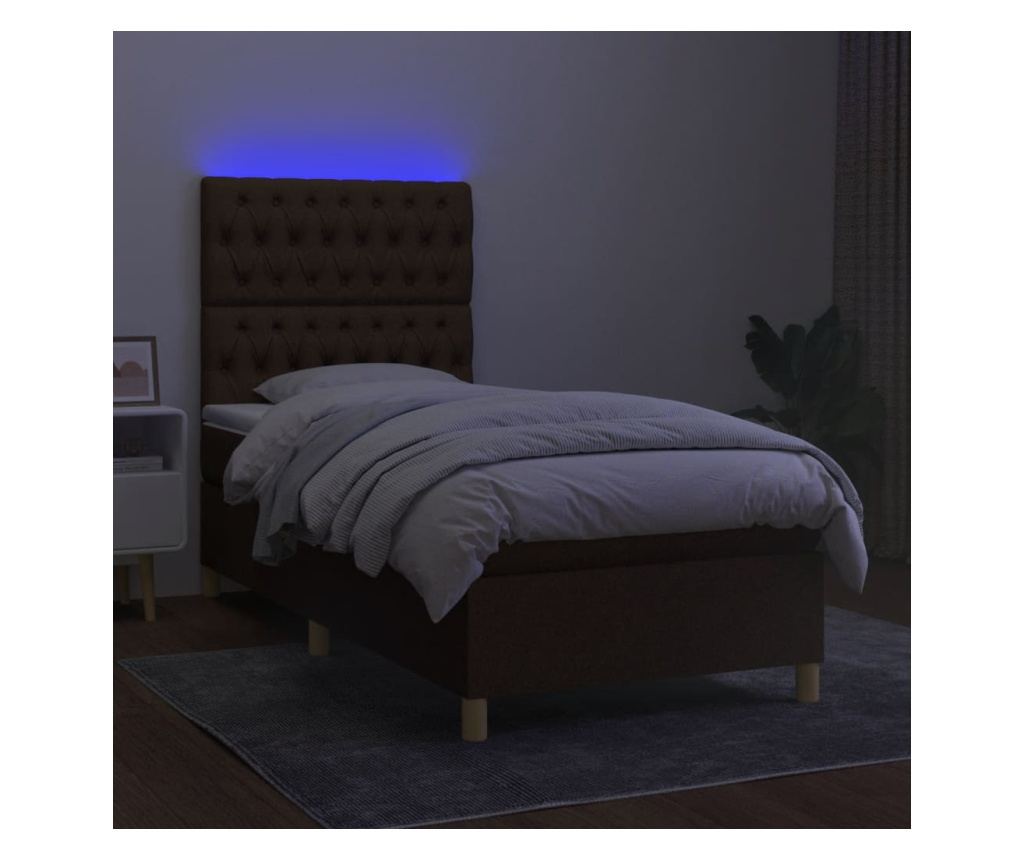 Пружинен спален комплект с матрак и LED, тъмнокафяв, 100x200 см, текстил - 4