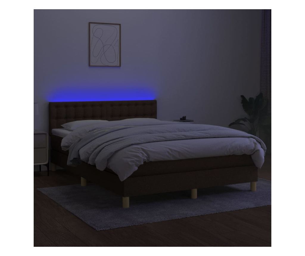 Легло с пружинен матрак и LED, тъмнокафяво, 140x200 см, текстил - 4