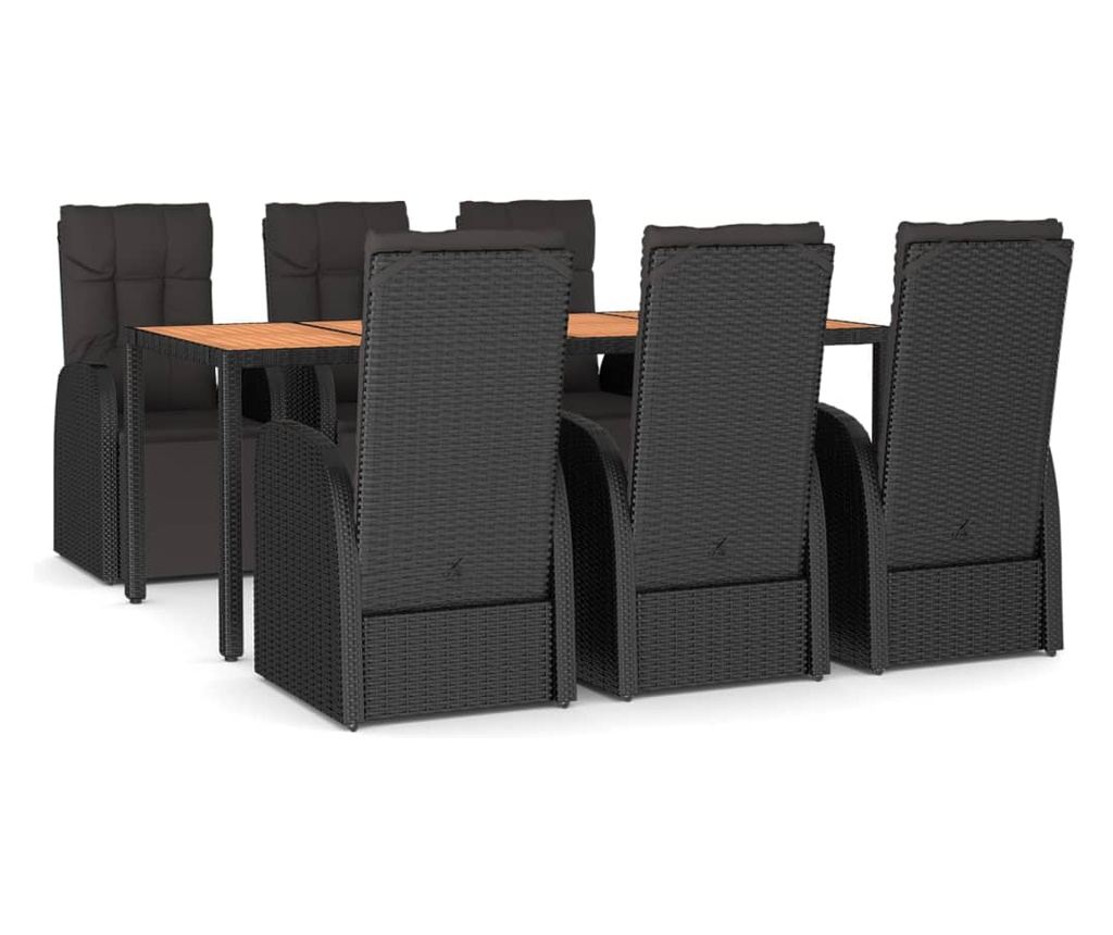 Комплект градински мебели, 7 части, Черен, Полиратан/Акациево дърво - 2