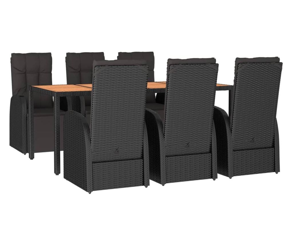 Комплект градински мебели, 7 части, Черен, Полиратан/Акациево дърво - 3