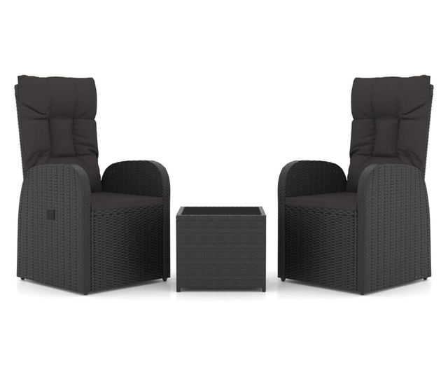 Комплект градински шезлонги, 3 части, Черен, Поли ратан и стомана