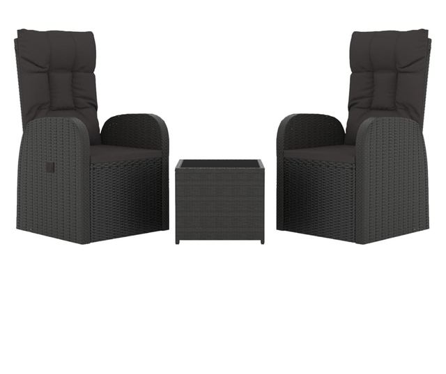 Комплект градински шезлонги, 3 части, Черен, Поли ратан и стомана