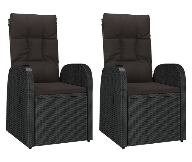 Комплект градински шезлонги, 3 части, Черен, Поли ратан и стомана