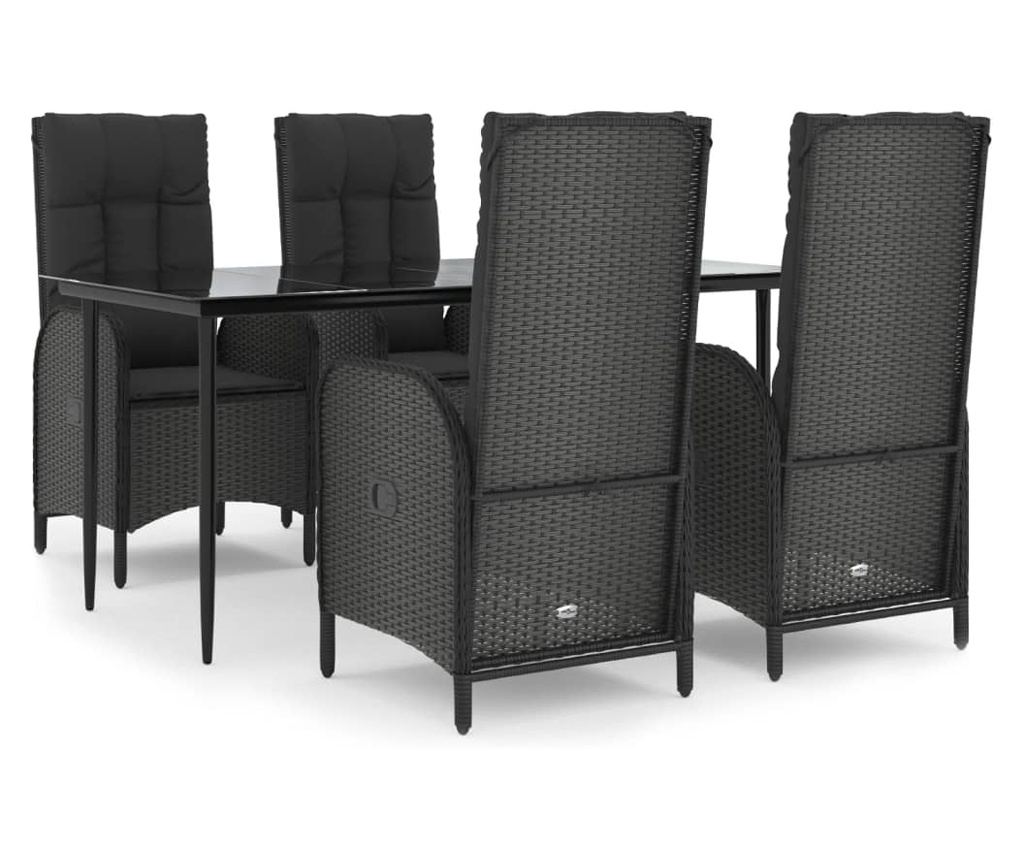 Градински комплект за сядане, 5 части, с възглавници, черен, полиратан - 2