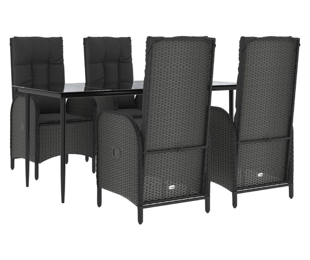 Градински комплект за сядане, 5 части, с възглавници, черен, полиратан - 3