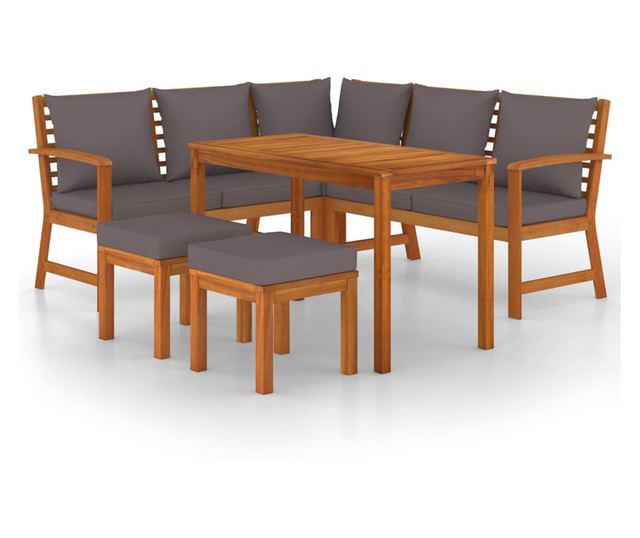 Градински комплект с възглавници, 6 части, масивно акациево дърво