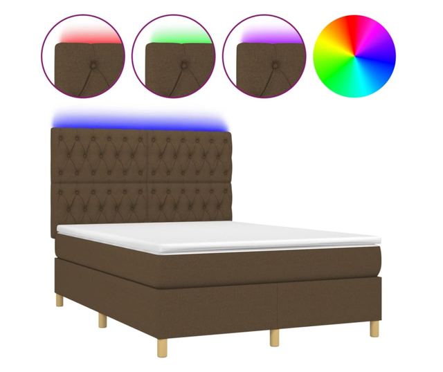 Пружинен легло с матрак и LED, тъмнокафяв, 140x190 см, текстил