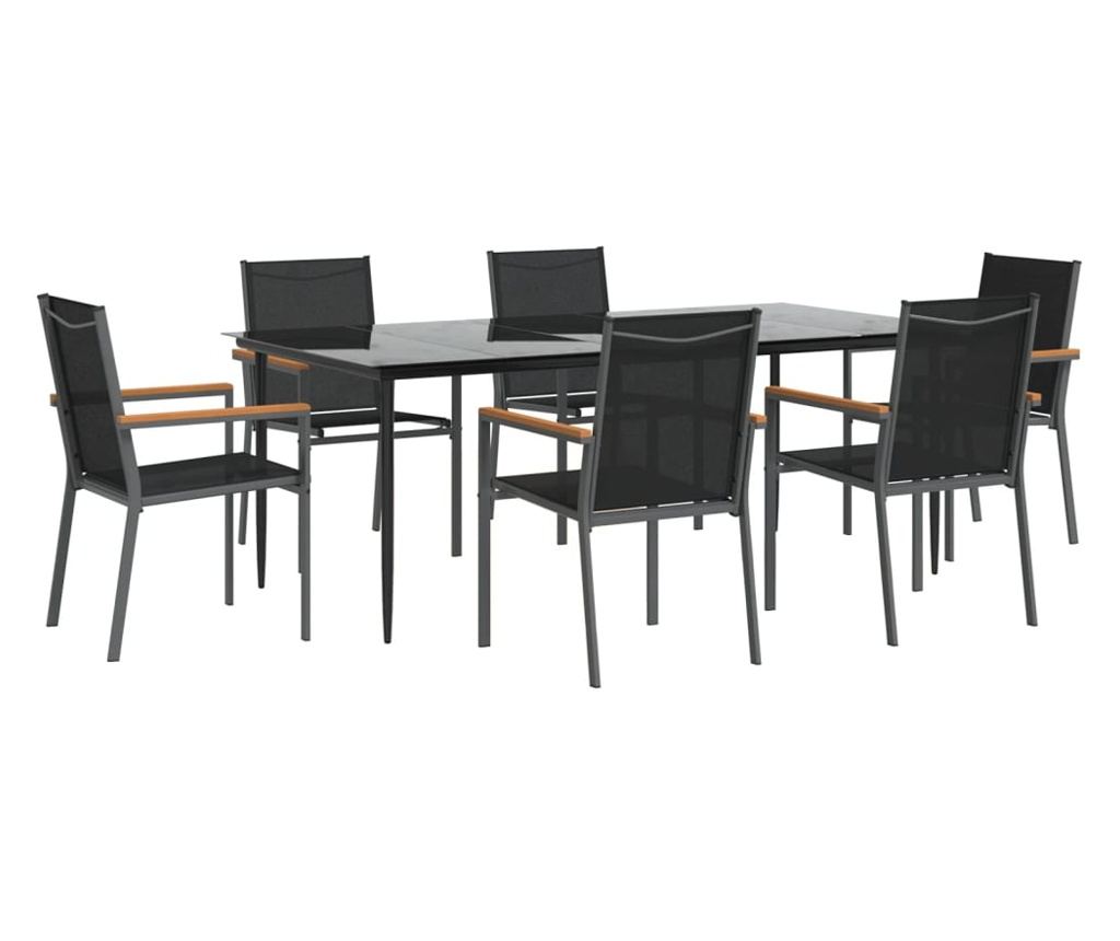 Градински комплект мебели, 7 части, Черен, Текстилен и Стомана - 3