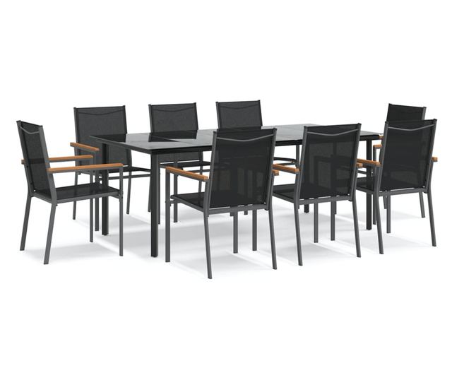 Градински комплект мебели, 9 части, Черен, Текстилен и Стомана