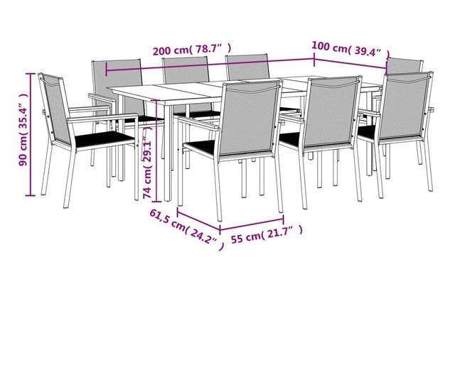 Градински комплект мебели, 9 части, Черен, Текстилен и Стомана