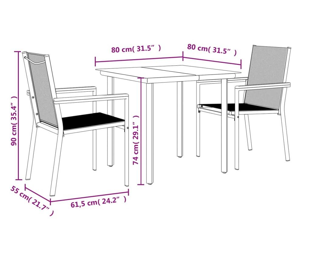 Set mobilier de grădină, 3 piese, negru, textilenă și oțel - 9