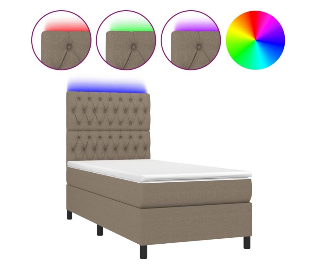 Пружинен легло с матрак и LED, таупе сиво, 100x200 см, текстил - 2