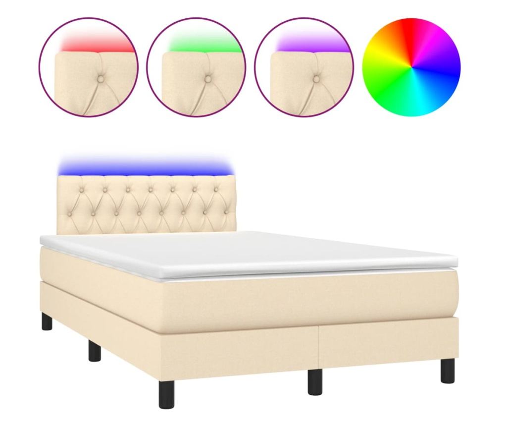 Upholstered Bed with Spring Mattress and LED, Cream, 120x200 cm, Fabric - 2