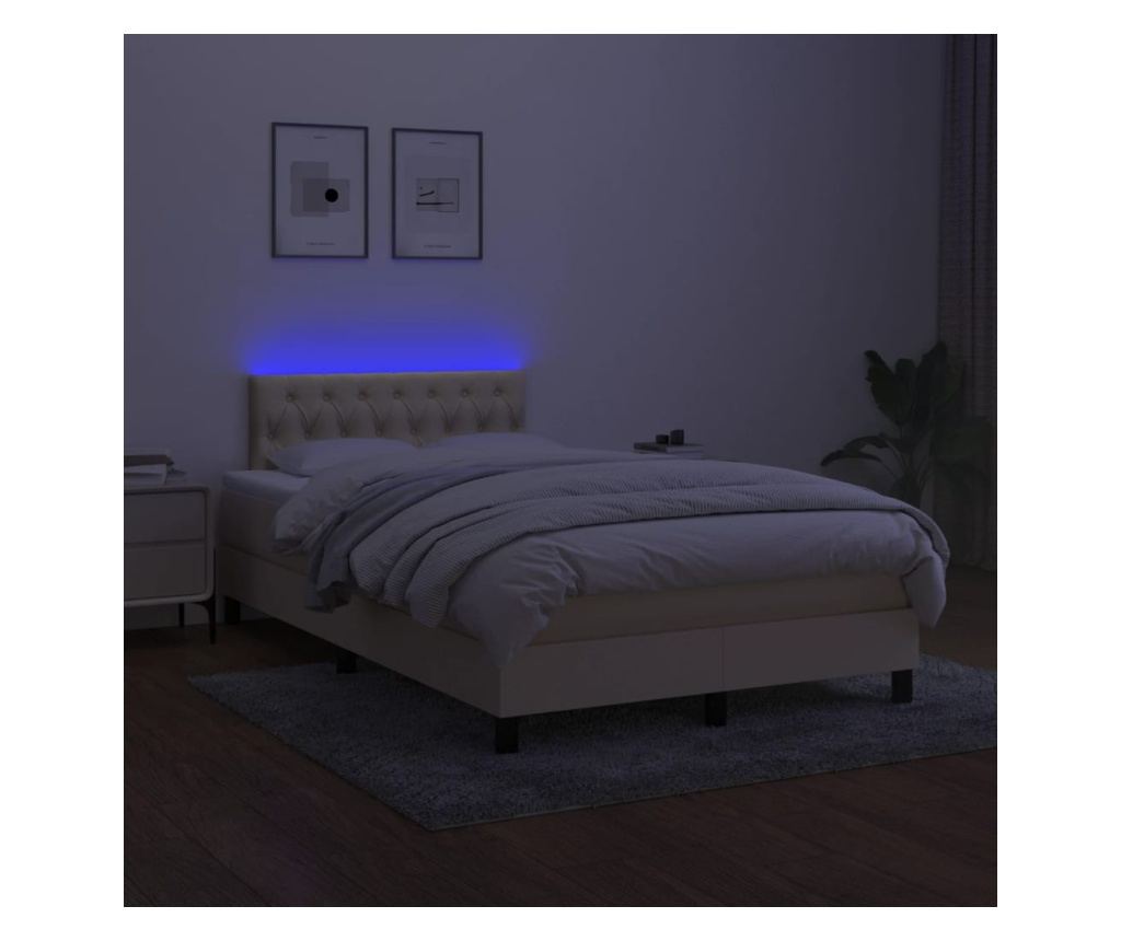 Upholstered Bed with Spring Mattress and LED, Cream, 120x200 cm, Fabric - 4