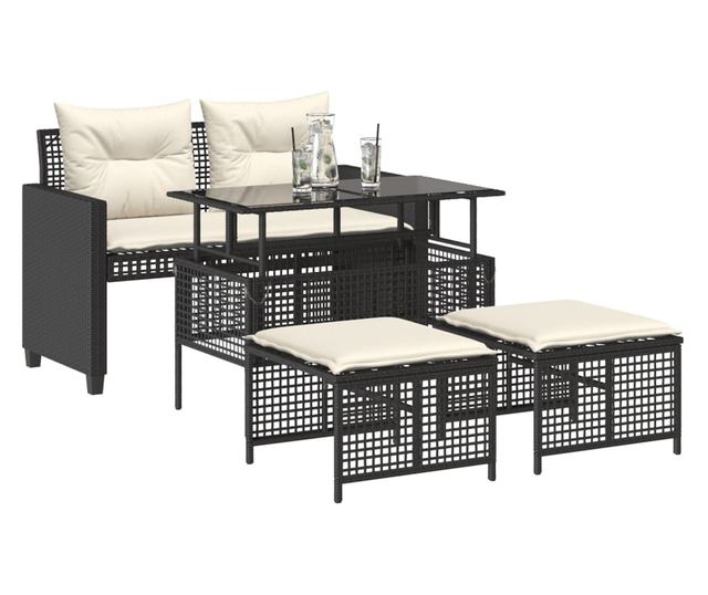 4 részes fekete polyrattan üveg kerti ülőgarnitúra párnával