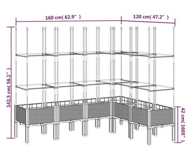 fekete polipropilén rácsos kerti ültetőláda 160x120x142,5 cm