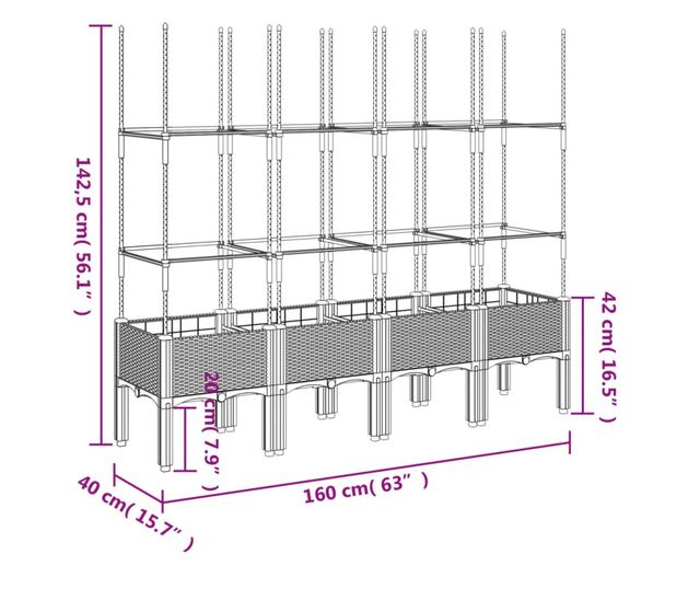 fekete polipropilén rácsos kerti ültetőláda 160 x 40 x 142,5 cm