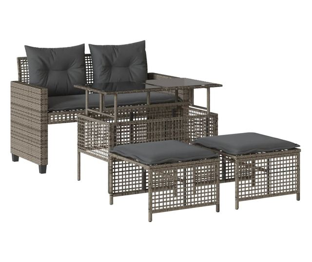 4 részes szürke polyrattan üveg kerti ülőgarnitúra párnákkal