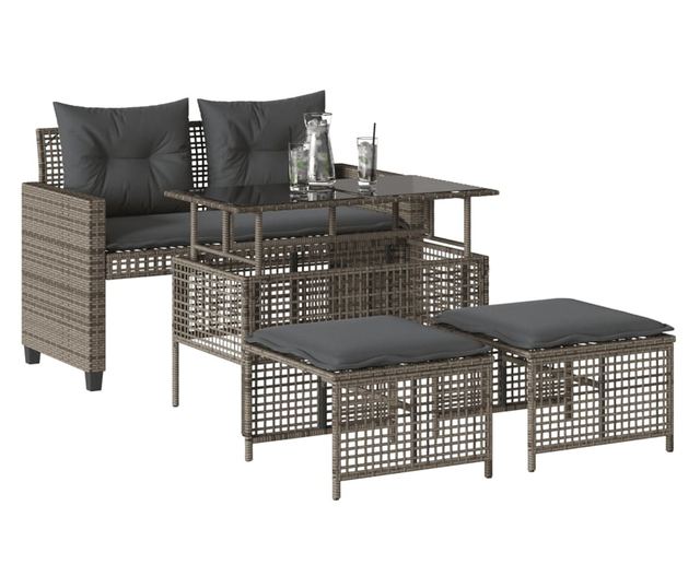 4 részes szürke polyrattan üveg kerti ülőgarnitúra párnákkal