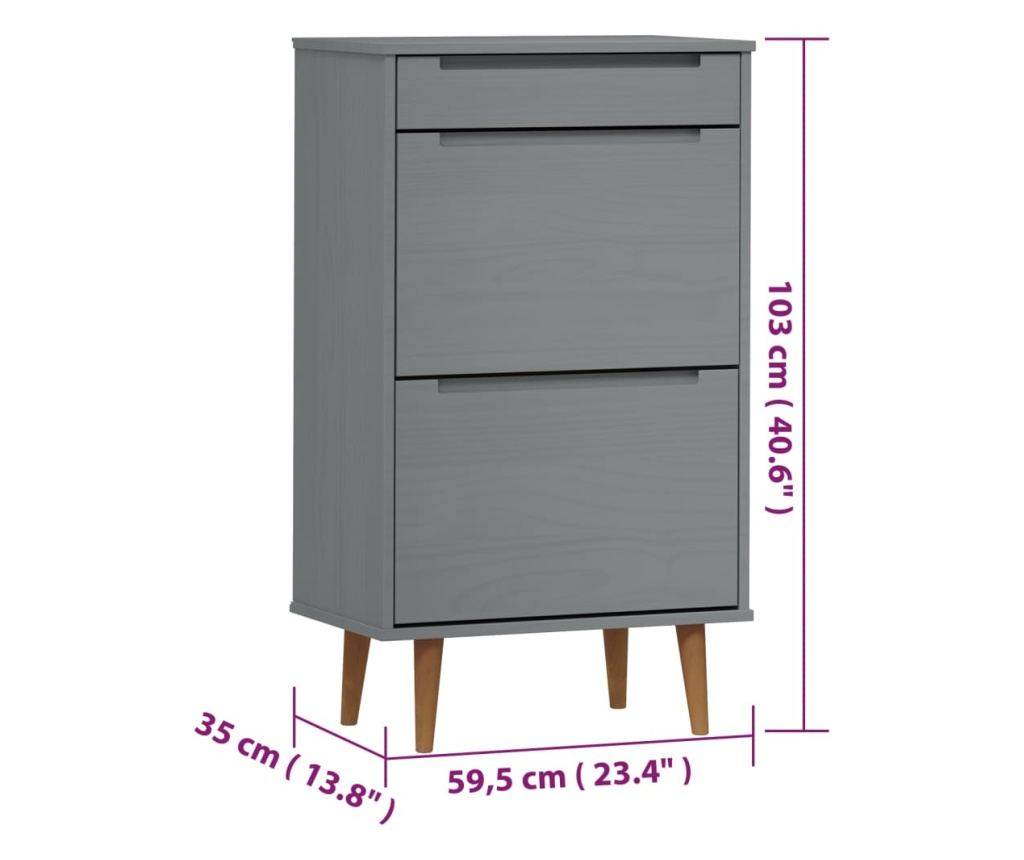 Шкаф за обувки, сив, 59.5x35x103 см, масивна бор. - 8