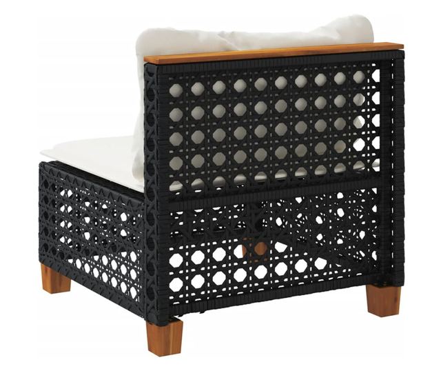 fekete polyrattan karfa nélküli kerti kanapé párnával