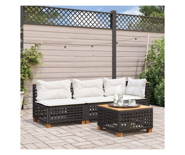 fekete polyrattan karfa nélküli kerti kanapé párnával