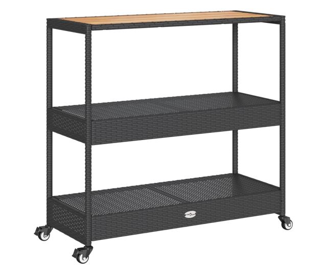 3 szintes fekete polyrattan és tömör akácfa zsúrkocsi