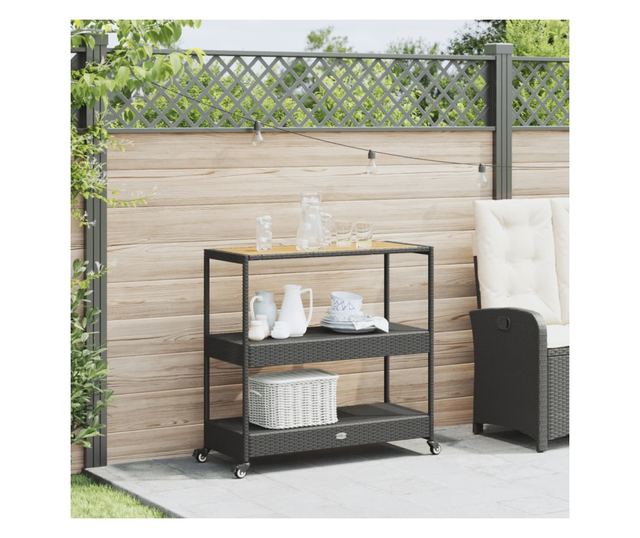 3 szintes fekete polyrattan és tömör akácfa zsúrkocsi