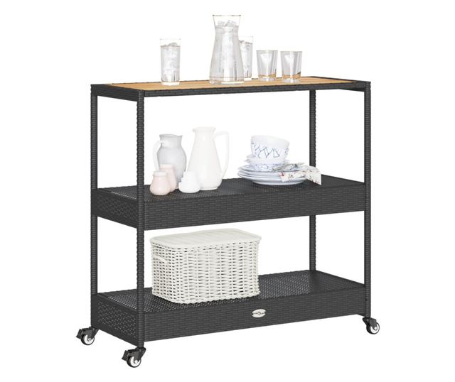 3 szintes fekete polyrattan és tömör akácfa zsúrkocsi