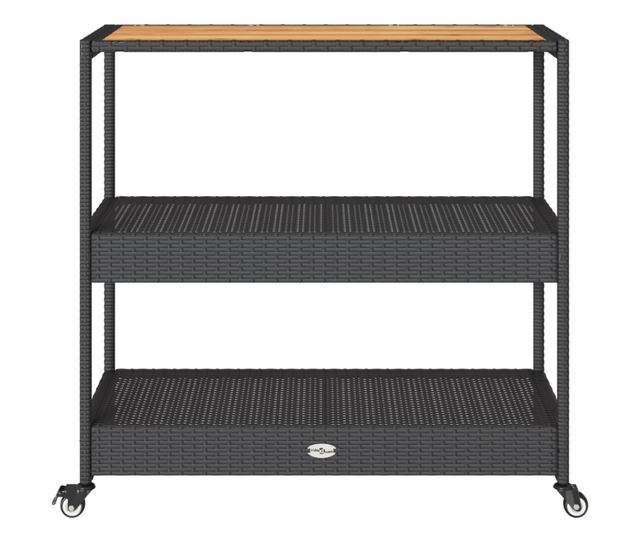 3 szintes fekete polyrattan és tömör akácfa zsúrkocsi