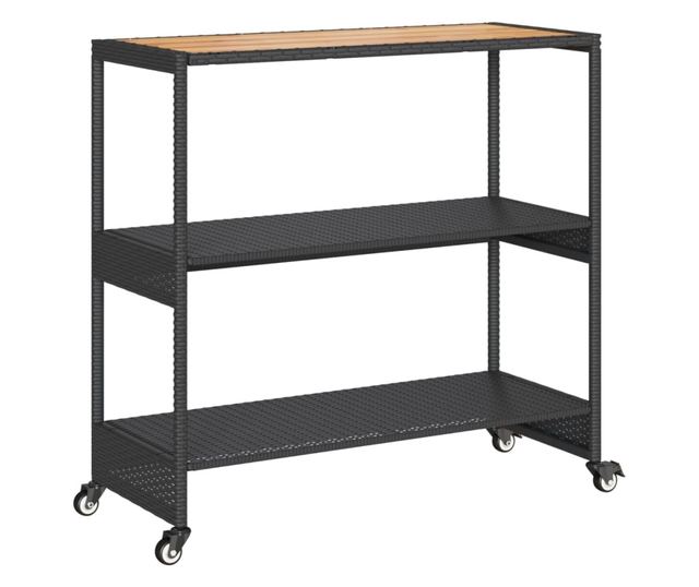 3 szintes fekete polyrattan és tömör akácfa zsúrkocsi